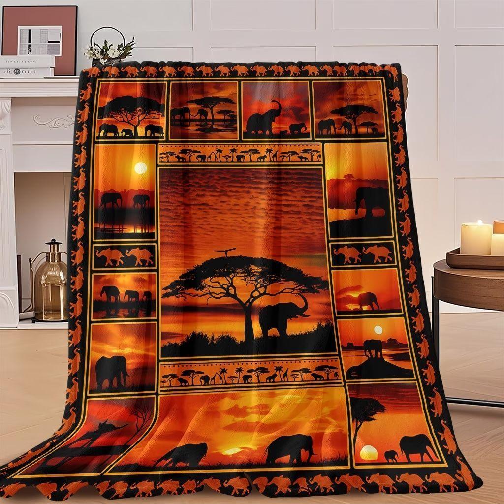 African Sunset Elephant Print Blanket - Suitable for All Seasons, Perfect for Sofa, As Well As for Covering The Living Room