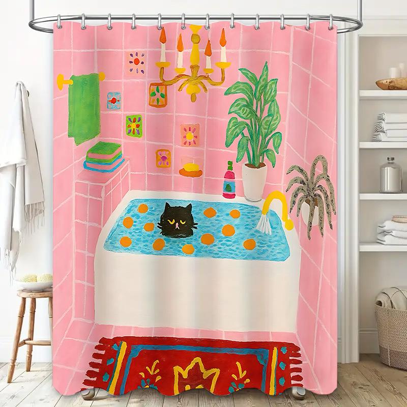 

Charming Pink Bathroom Shower Curtain With Black Cat In Bathtub Unique Design Waterproof Polyester Complimentary Hook Easy-Clean W60H190(CM)-1 Pcs