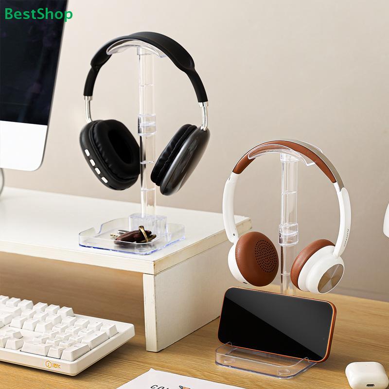 Clear Acrylic Headphone Stand with Phone Holder - Desktop Organizer for Gaming Headsets and Smartphones