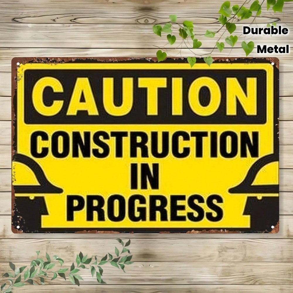 1pc Vintage Iron Construction Warning Sign 8x12in Rustic Metal Wall Decor Hard Hat Icon In Progress Farmhouse