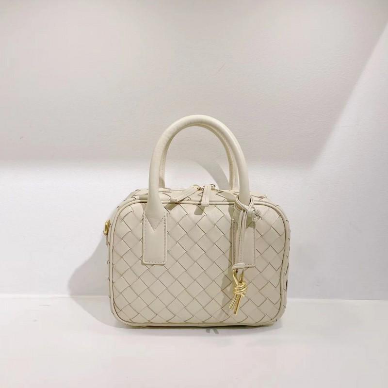 Womens Woven Mini Square Handbag In Genuine Lamb Leather Soft Structured Boston Pillow Bag Daily Wear