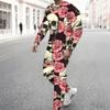 Men Black Base Pink Rose Skull Full Print Long Sleeve Sweatshirt And Drawstring Jogger Pants Two Piece Suit