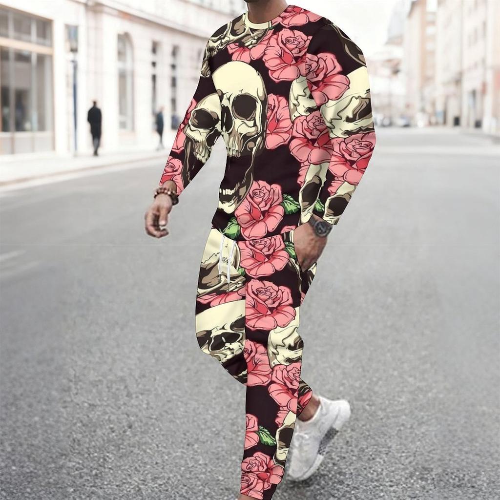 Men Black Base Pink Rose Skull Full Print Long Sleeve Sweatshirt And Drawstring Jogger Pants Two Piece Suit