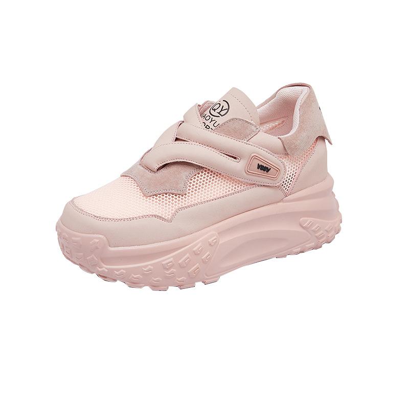Leather small size casual shoes for women, thick-soled inner height-increasing dad shoes for women, Velcro student white shoes