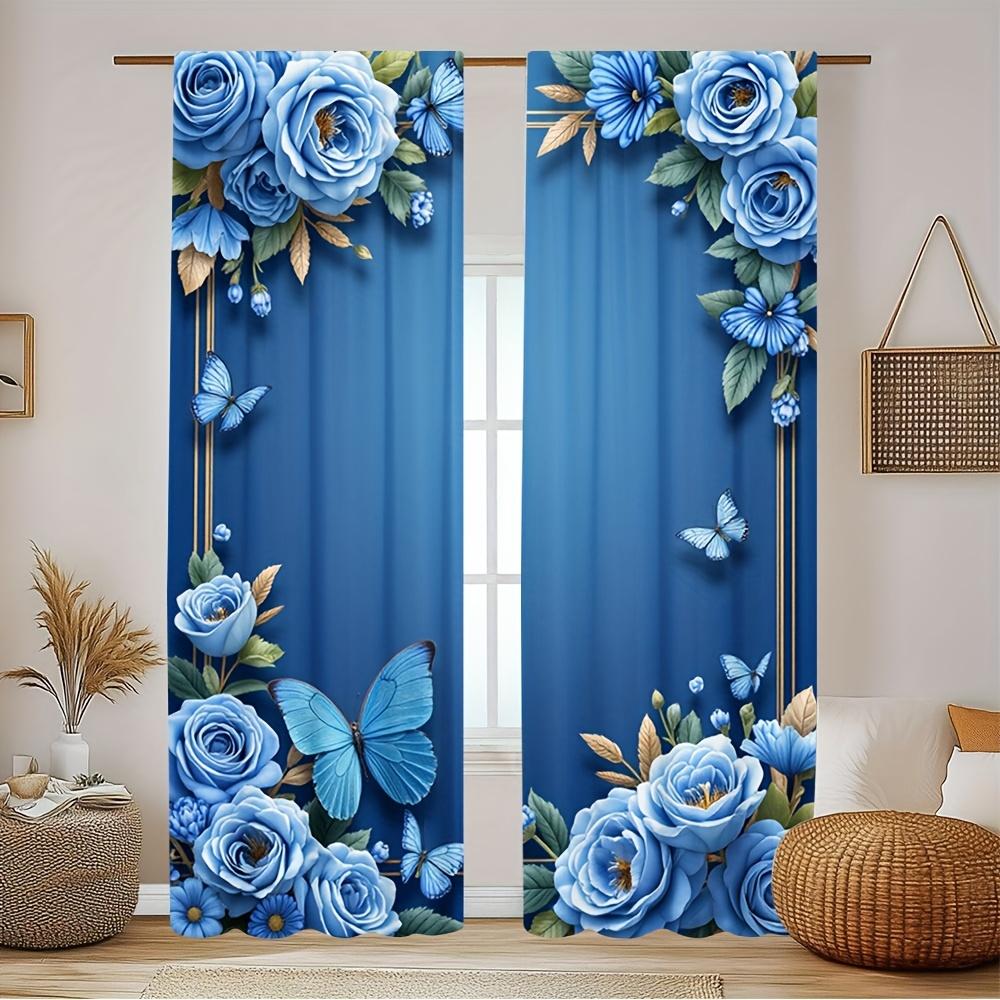 

2 Pcs Elegant Blue Floral & Butterfly Print Curtains – Rod Pocket Design for Living Room Bedroom Office Kitchen 100*130 Rod Pocket 1pcs