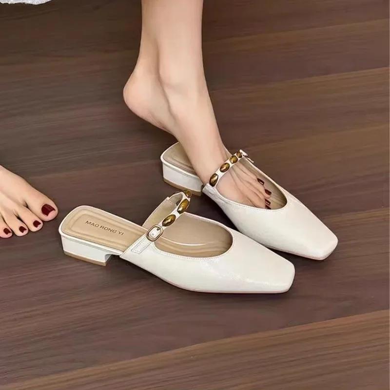 Women's Metallic Finish Mary Jane Mules - Mid-Heel Pointed Toe Adjustable Buckle Strap Shoes for Office Everyday Wear