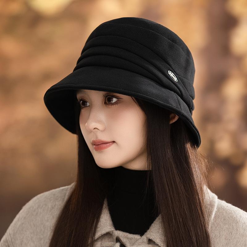 Japanese Style Retro Versatile Pleated Fisherman Hat Autumn and Winter Hat Women's Warm Bucket Hat Outdoor Windproof Basin Hat