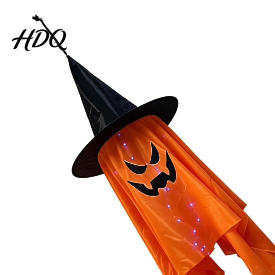 Lighted Ghost Wizard Pendant for Yard Halloween Hanging Decor with Hat LED Light Up Outdoor Decorations Windsock Porch Yard Spooky Fabric