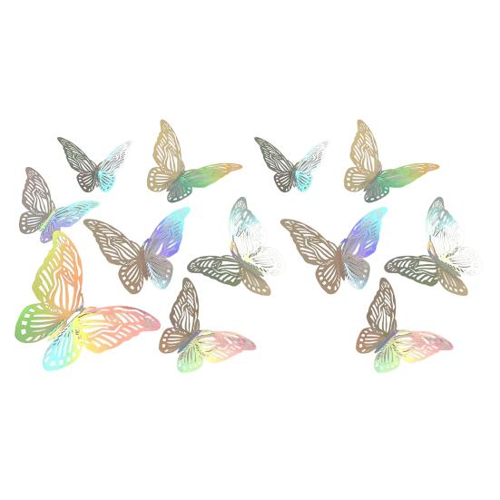 Yousheng 12Pcs/Set 3D Hollow Butterfly Wall Sticker, Removable Holographic Butterfly Decoration, Iridescent Butterflies Decal for Wedding Anniversary