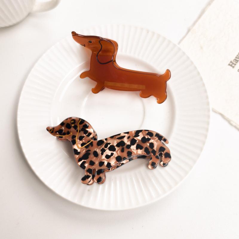 2026 Neuer Süßer Dackel Hund Haarspange Retro Leopardenmuster Uni Braun Acryl Haifischklemme Lustiges Tier Haaraccessoire Für Wo