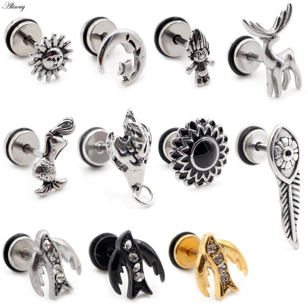 Alisouy 2pcs Stainless Steel Dolphin Lizard Sun Moon Cross CZ Women Men Ear Stud Earring Tragus Helix Cartilage Piercing Jewelry