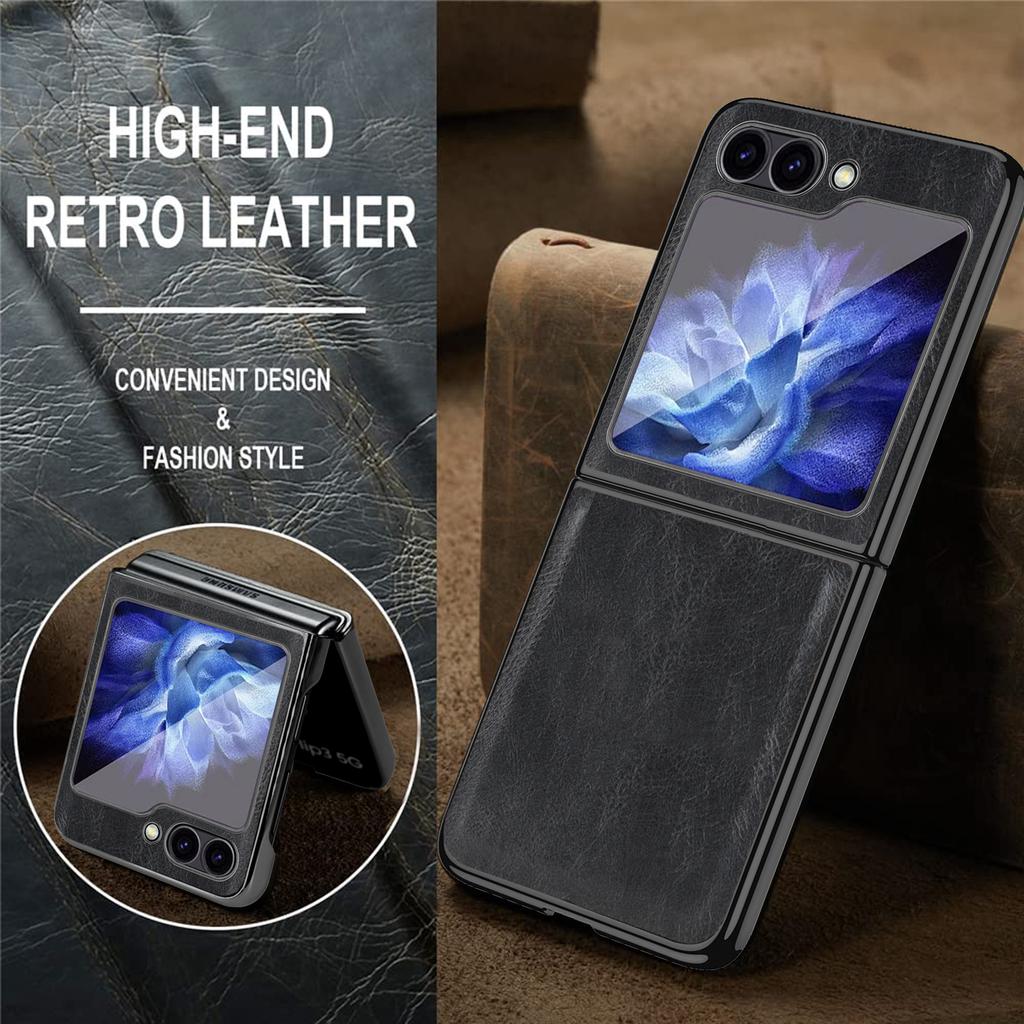 VIETAO Plating Edge Z Flip 7 Case With Front Screen Protector,Brown Crazy Horse PU Leather Phone Cover For Galaxy Z Flip 6 5 4 3