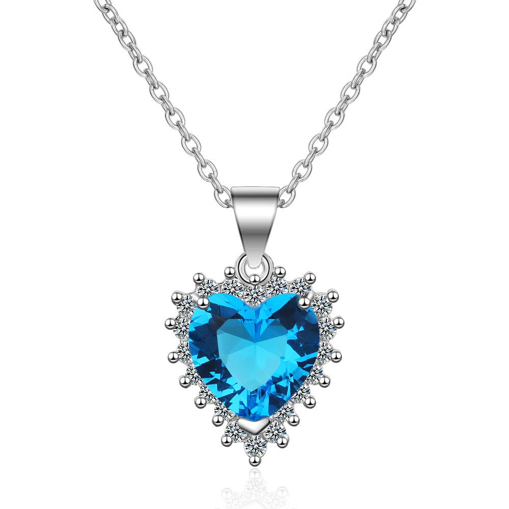 Women's Korean Fashion Blue Diamond Pendant Necklace, Short Clavicle Copper Chain DZ445