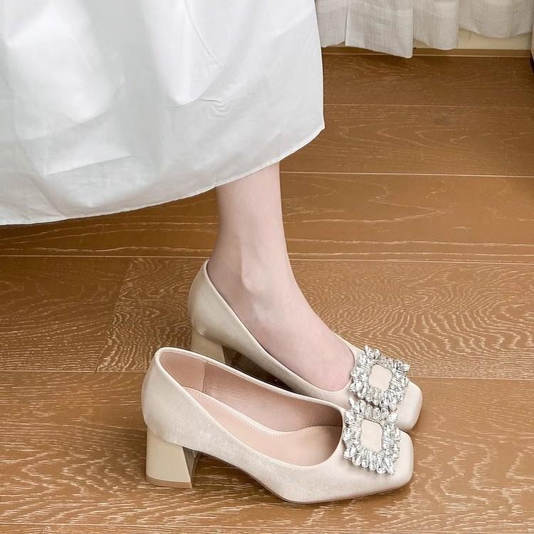 Beautiful high-heeled single shoes engagement comfortable thick heel strap diamond single shoes women's light satin Mary Jane bridesmaid shoes 2025