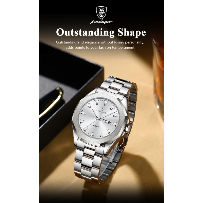 POEDAGAR Luxury Men Wristwatch Waterproof Luminous Week Date Casual Clock Stainless Steel Quartz Fashion Watches Reloj