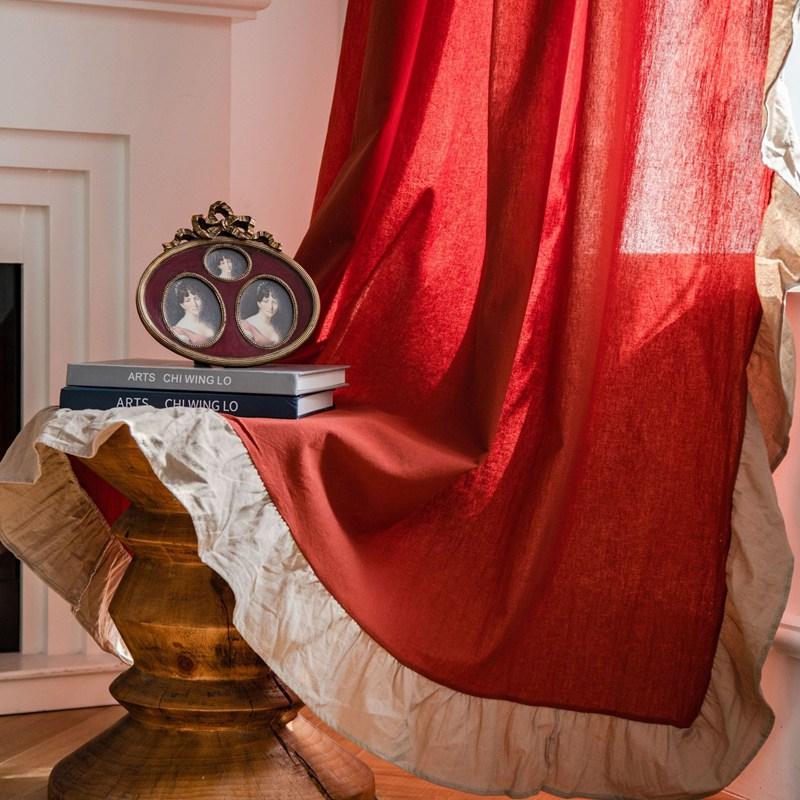 

Cotton Retro Ruffle Red Curtain for Living Room Rod Thick Linen Fabric Drapes for Bedroom Balcony Bay Window Curtain with Hooks W150 x H160cm&Threading Rod