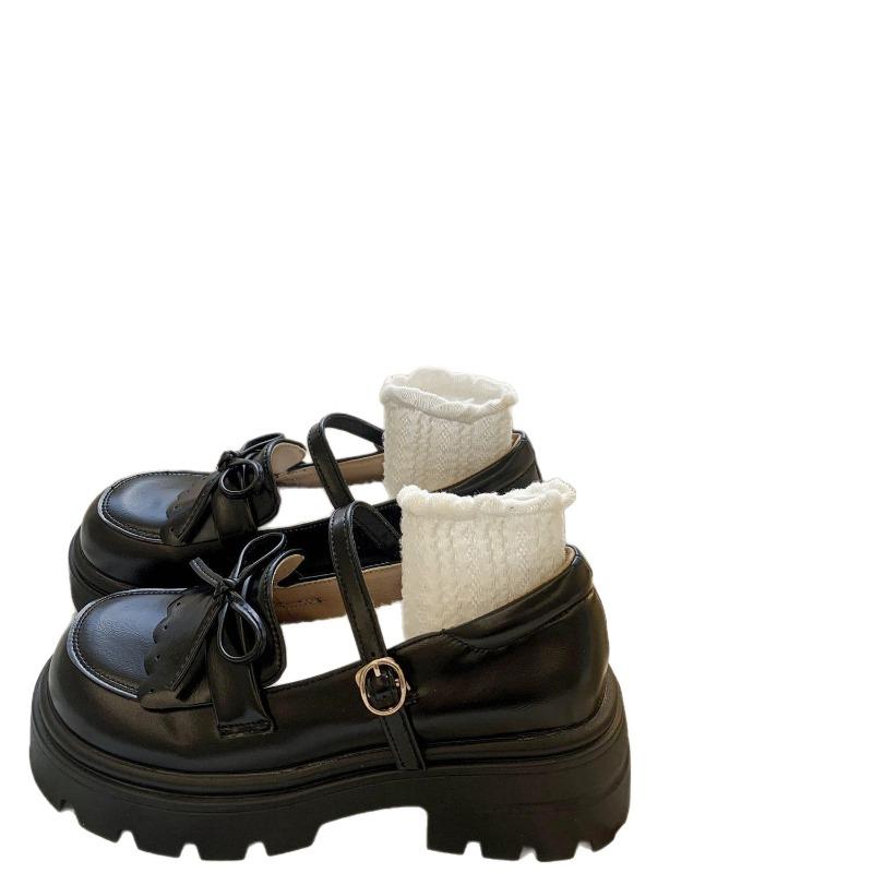 2025 Autumn New Thick-soled Korean Loafer Single Shoes Women's Bow Muffin Round Toe Medium Heel Leather Shoes