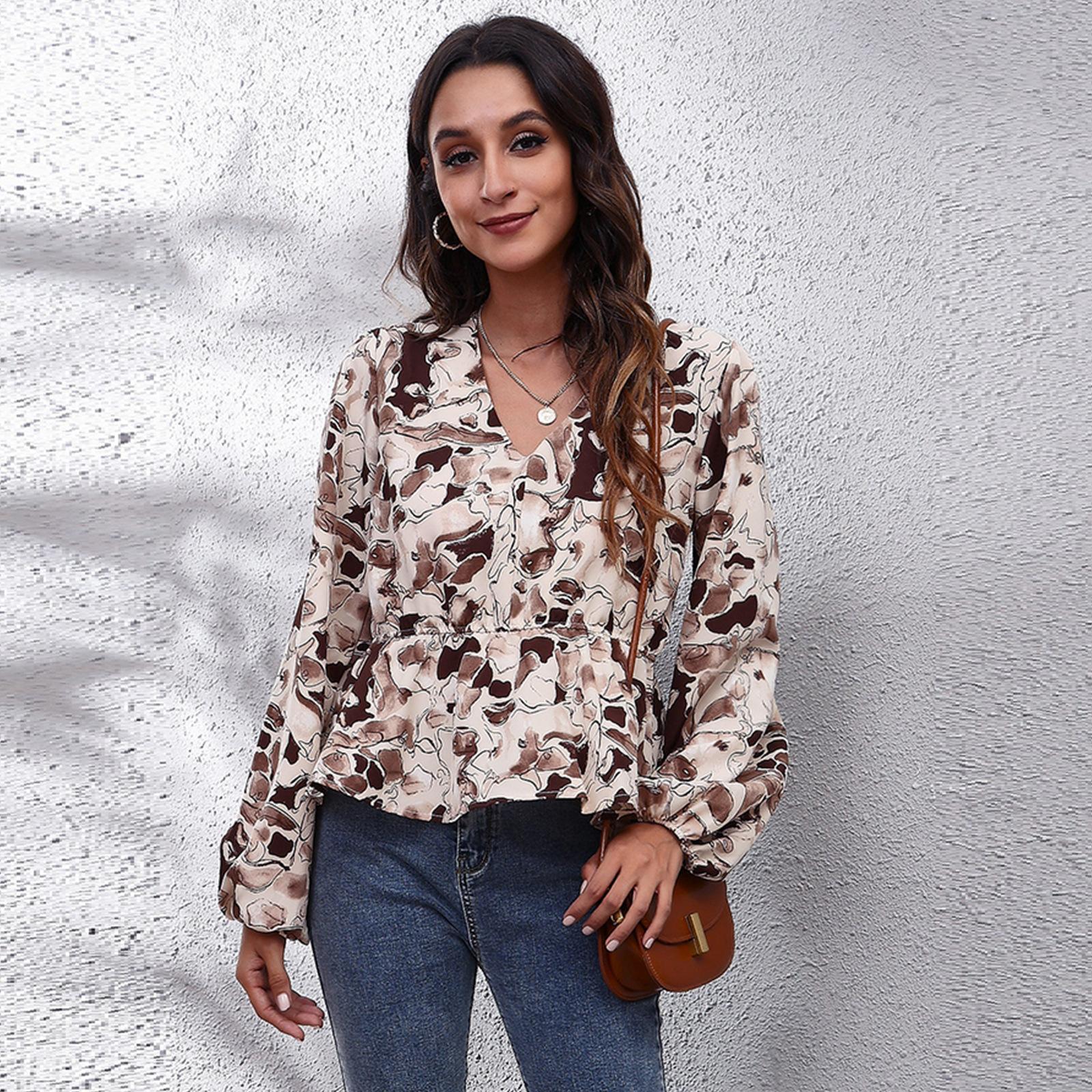 

GMXIA Женские модные повседневные блузки и рубашки с v-образным вырезом и длинным рукавом с цветочным принтом XL