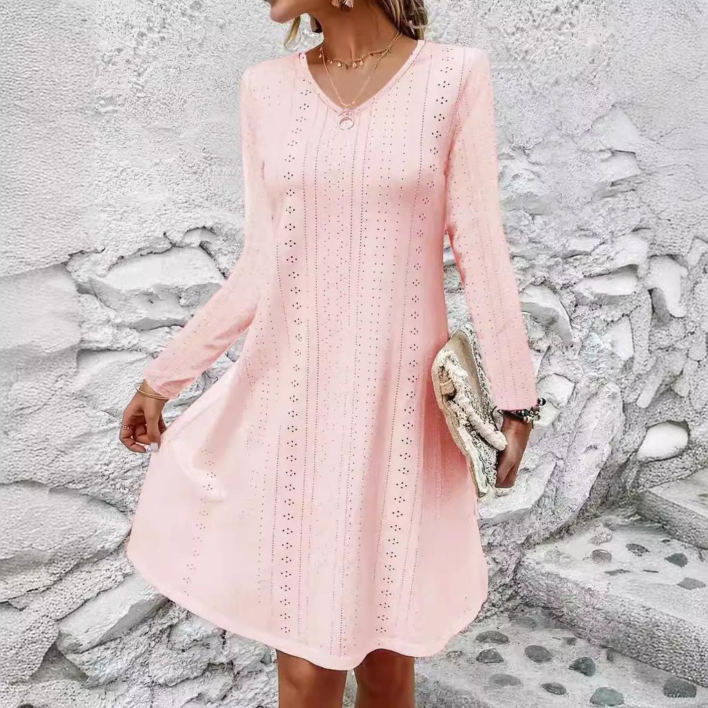 Women's Fashion Hollow Out Jacquard V-neck Long Sleeve Dress