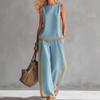 Color Block 2 Piece Outfit, Women Round Neck Sleeveless Tank Top & Wide Leg Pants Set