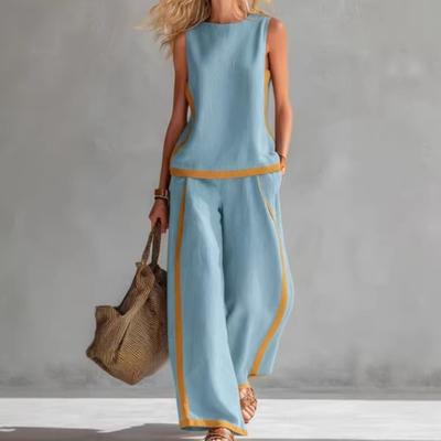 Color Block Zweiteiliges Outfit, Damen Rundhals Ärmelloses Tanktop & Weite Hosen Set