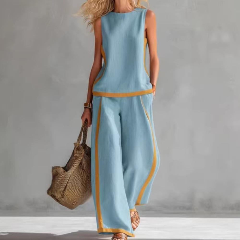 Color Block 2 Piece Outfit, Women Round Neck Sleeveless Tank Top & Wide Leg Pants Set