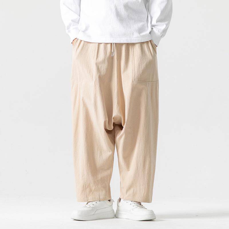 2024 Autumn/Winter Men's Cotton Linen Harem Pants - Chinese Style Patchwork, Casual Wide-Leg