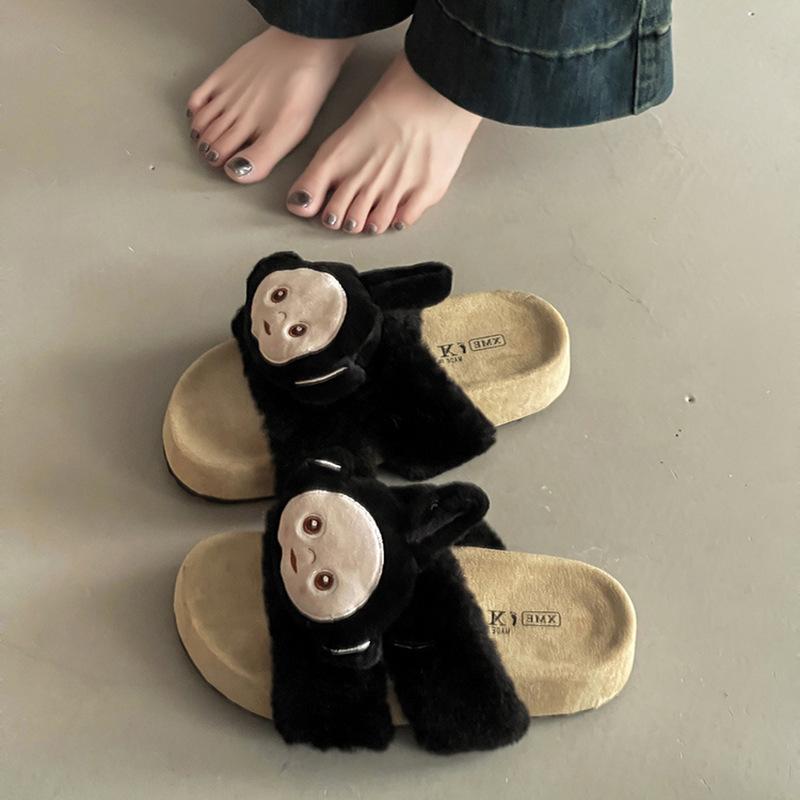 Cartoon cute casual flat-bottomed fluffy shoes women's autumn and winter suede versatile antenna baby one-word thick-soled cotton slippers