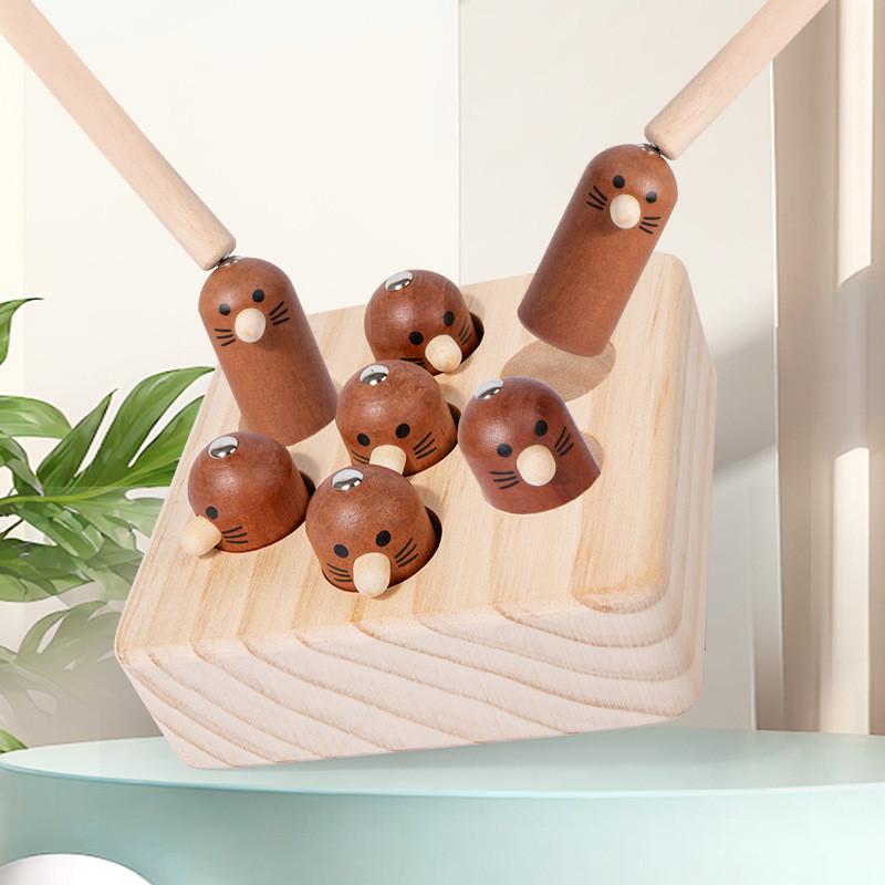 Wooden Magnetic Catch Mouse Kids Interactive Fishing Game Focus Training Educational Toy