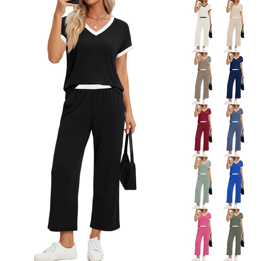 Women Two Piece Set Casual Outfits V Neck Short Sleeve Top Elastic Waist Pants Lounge Wear Set for Travel Relaxed Fit