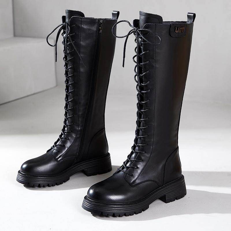 [Pantof întreg din piele] Cizme din piele de vacă de prim strat pentru femei toamnă și iarnă 2025 cizme de cavaler din piele cu șireturi și catifea