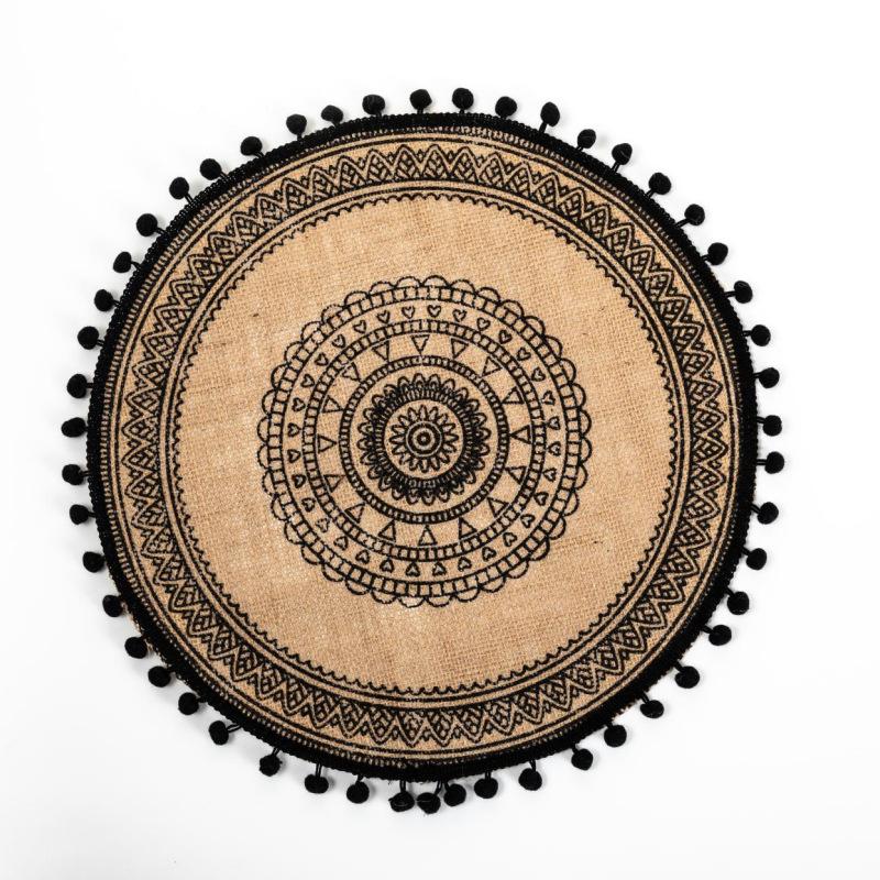 Round Jute Wool Ball Tassel Woven Placemat Decorative Table Mat Retro Insulation Mat