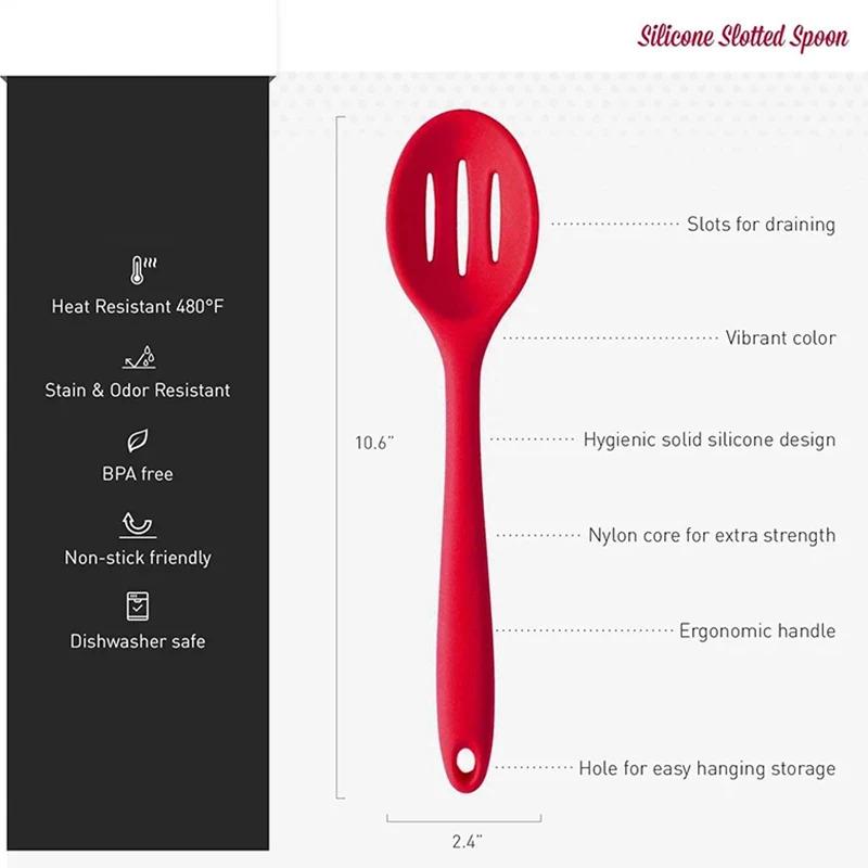 Non-Stick Silicone Slotted Spoon Long-Handled Cooking Serving Spoon Skimmer Scoop Drainer Spoon For Kitchen Gadgets Accessories