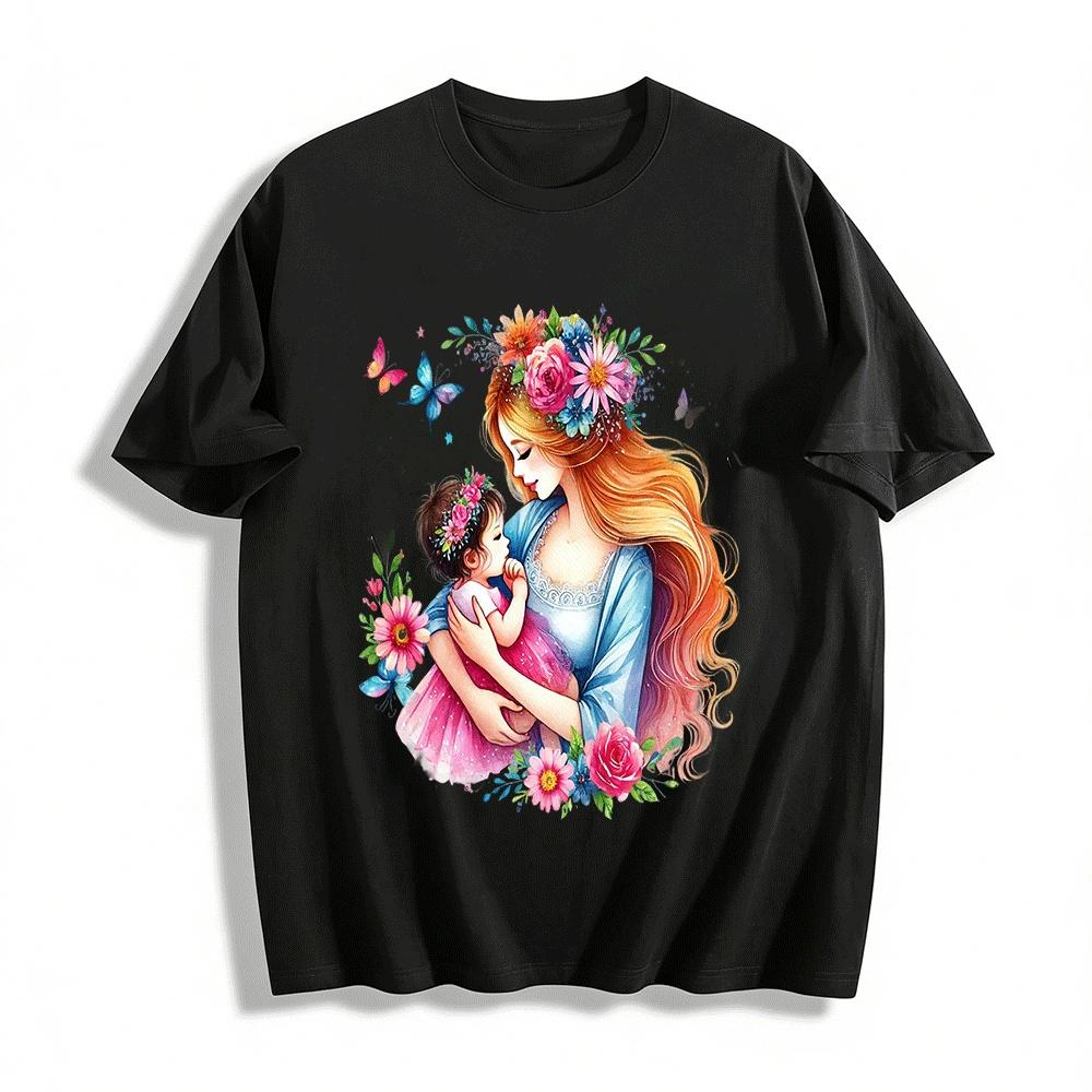 Floral Print Mom And Baby Hugging Casual Parent-child Top Pure cotton T-shirt XXS