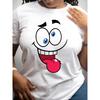European Size Women'S Funny Cartoon Face T-Shirt - Black Casual Short Sleeve Tee with Vibrant Red Lips & Blue Eyes,Round Neck,Casual Wear
