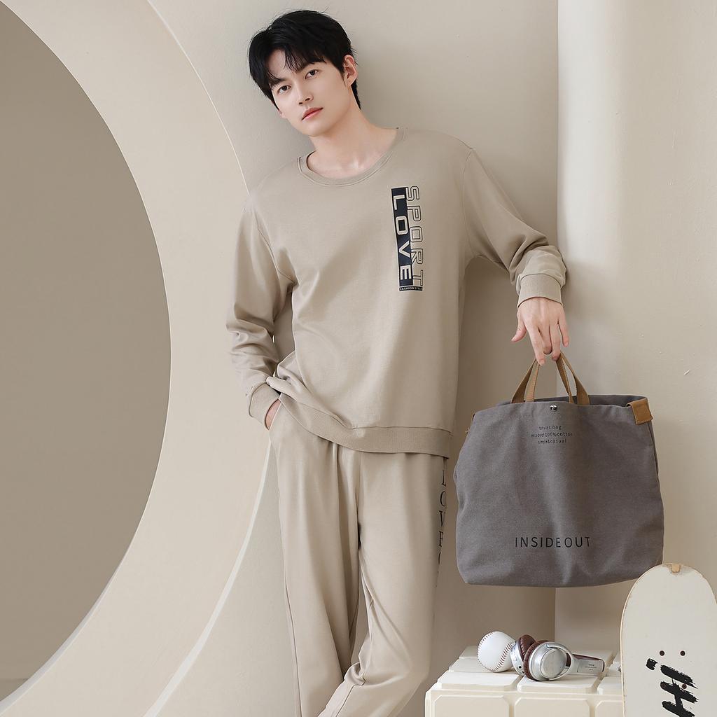 Pajamas men's autumn long-sleeved pure cotton fashion letters men's casual sports cotton loungewear suit can be worn outside
