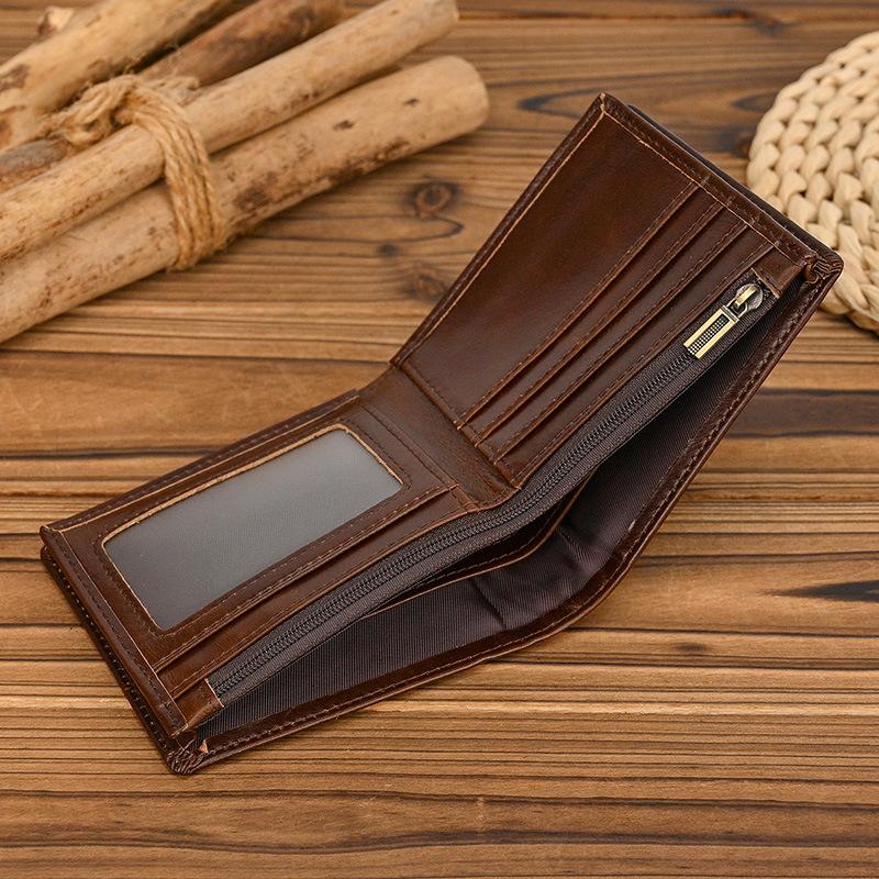 RFID Genuine Leather Men's Bifold Wallet Vintage Cowhide Short Purse with Interior Zipper Pocket