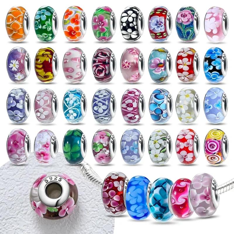 Copper Metal Colorful Flower Series Murano Glass Bead Components Luxury Charm Bead Component Compatible With Authentic Original Bracelet High Quality