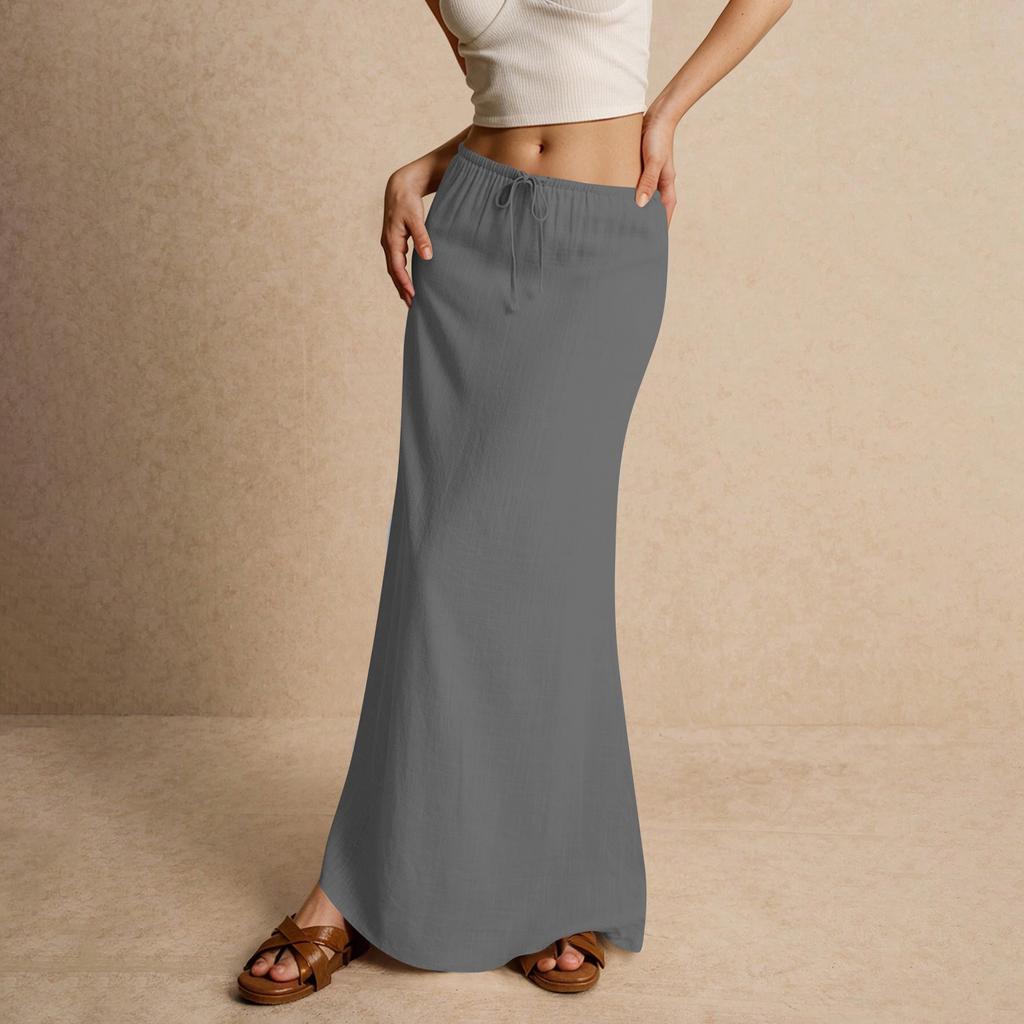 Women's Summer Maxi Skirt Drawstring Low Waist A Line Casual Skirts High Elastic Waisted Bodycon Long Maxi Skirts