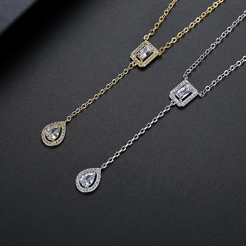 Luxury Ladies Elegant Droplet Pendant Necklace Fashion Girl Shining Rectangle Cubic Zircon Charm Chain Necklaces Wedding Jewelry
