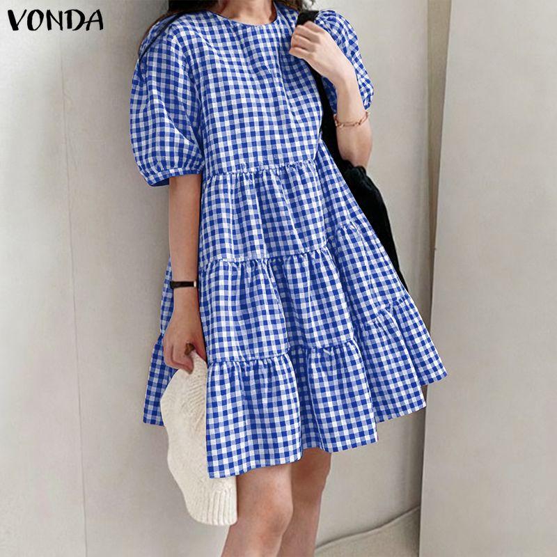 VONDA Women V Neck Puff Sleeve Plaid Print Ruffled Casual Loose Tunic Dress