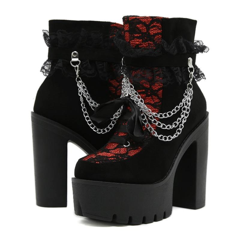 Fashion Vintage Gothic Lace Ankle Boots for Women Chunky Heel Side Zipper with Chain Detail Platform Goth Boots High Heels Women Shoes