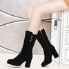 Black Pointed Toe Elegant Heeled Rhinestone Ladies Mid Calf Shoes Autumn Winter Fleece-Lined Comfortable Women's Half High Boots