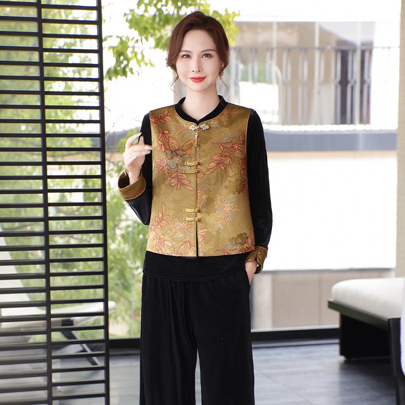 

Mother s Day Chinese Style Spring Suit: Velvet Vest Outerwear for Middle-aged & Elderly Women XL (recommended 105-120 jin)