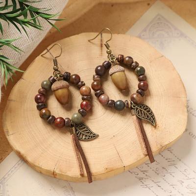 Retro Niche Literary Earrings, Natural Plant Fruits, Wooden Dried Fruits, Long Fringed Women's Earrings