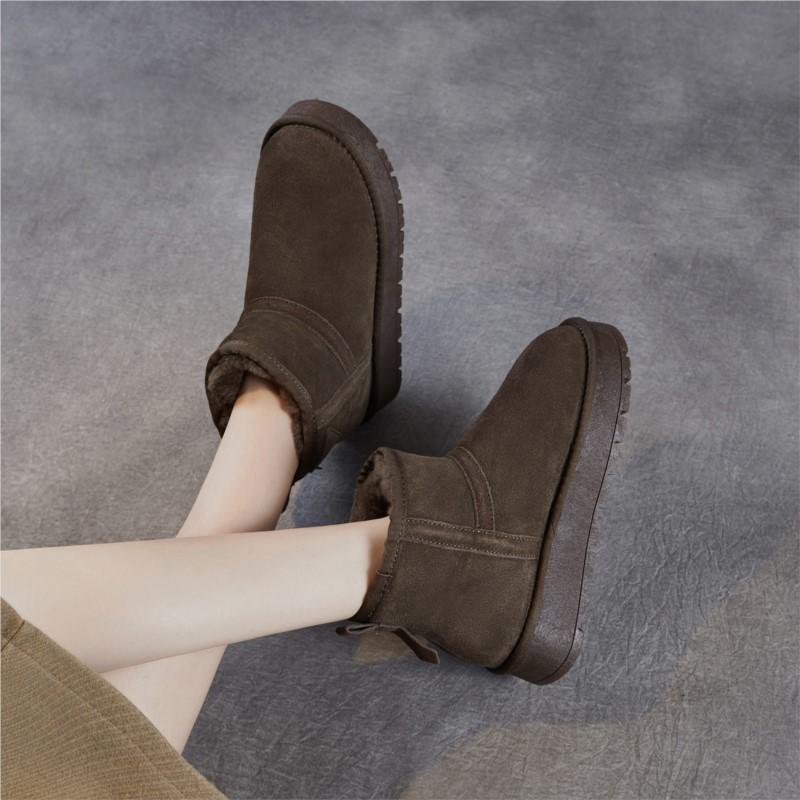 Johnature Genuine Leather Thick Soled Snow Boots Cow Suede And Plush Warm Women's Cotton Shoes