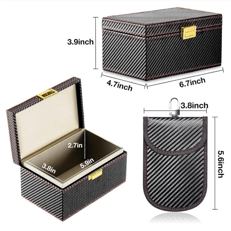 Premium Leather Textured Protection Box And Two Signal Blocking Pouches For Securing Keyless Entry Vehicle Access Devices