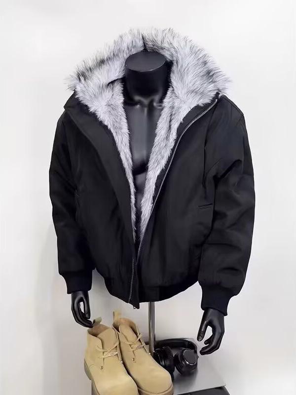 Men's High-End American Retro Cotton Jacket with Fur Collar for Winter Warmth