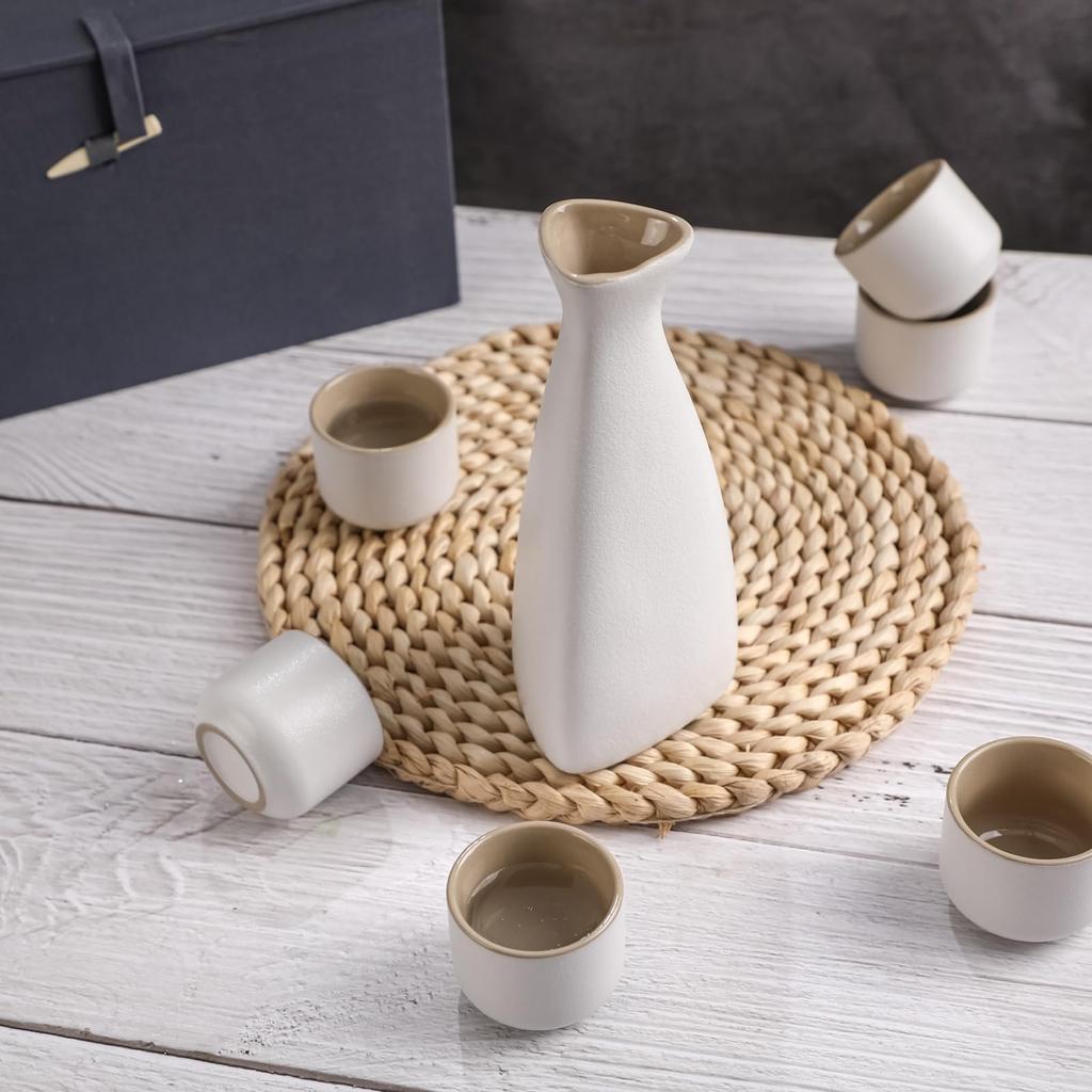 Ceramic Sake Carafe Set, Sake Set, Japanese Sake Set, Cold Sake Set, Traditional Ceramic, 150ml Carafe, 6 X 30ml Sake Cups, In a Brocade Box.