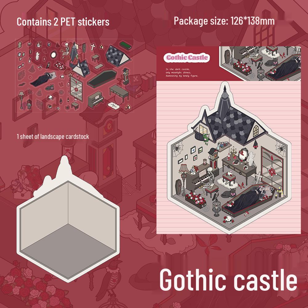 PET Gothic Castle Scenery Stickers - 2 Sheets of Handmade Creative Miniature Scene DIY Collage Stickers